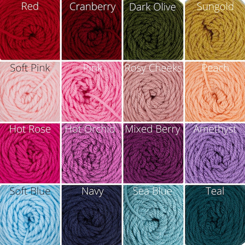 May include: A grid of yarn skeins in various colors. Colors include red, cranberry, dark olive, sungold, soft pink, pink, rosy cheeks, peach, hot rose, hot orchid, mixed berry, amethyst, soft blue, navy, sea blue, and teal.