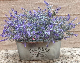 Modern Farmhouse Flower & Garden Lavender Floral Arrangement,  Spring Summer Floral Centerpiece, All Year Floral Arrangement In Metal Tin.