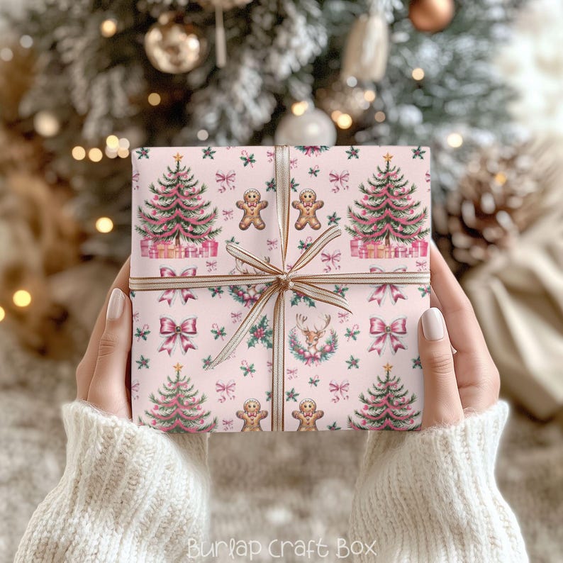 Pink Christmas Gift Wrapping Paper Xmas Gingerbread Gift Wrap Reindeer Gift Wrap Paper for Christmas Presents Wrapping Girly Present Wrap