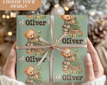 Personalized Christmas Gift Wrapping Paper Roll Custom Name Xmas Gift Wrap for Grandkids Christmas Presents Wrapping Paper Green 4 Designs