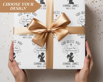 Custom First Communion Wrapping Paper Personalized Holly Gift Wrap with Name Date Godchild Present