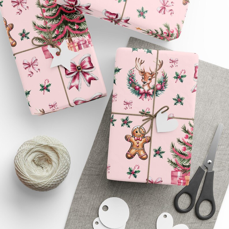 Pink Christmas Gift Wrapping Paper Xmas Gingerbread Gift Wrap Reindeer Gift Wrap Paper.