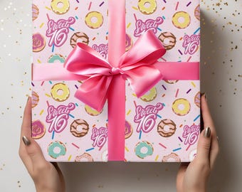 16th Birthday Wrapping Paper Sweet Sixteen Gift Wrap for Daughter Doughnut Paper Granddaughter Nice Bday Present