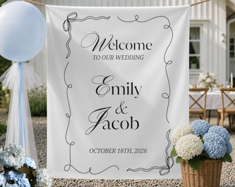 Personalized Coquette Wedding Backdrop Romantic Bow Tapestry Custom Names Wedding Decor Whimsical Ceremony Wall Hanging