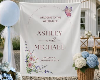 Personalized Wildflower Wedding Welcome Tapestry Custom Name and Date Backdrop Garden Wedding Decor Floral Arch Ceremony Wall Hanging