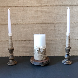 Rustic Unity Candle Set For Wedding, Barn Wedding Candle Holder Set, Farmhouse Candle Set Bridal Shower Gift, Burlap Lace Unity Candle Set.