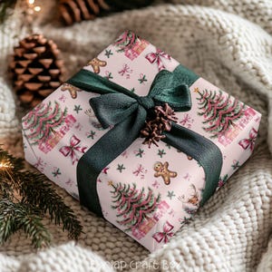 Pink Christmas Gift Wrapping Paper Xmas Gingerbread Gift Wrap Reindeer Gift Wrap Paper for Christmas Presents Wrapping Girly Present Wrap