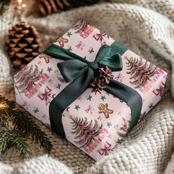 Pink Christmas Gift Wrapping Paper Xmas Gingerbread Gift Wrap Reindeer Gift Wrap Paper for Christmas Presents Wrapping Girly Present Wrap