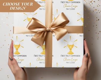 Custom First Communion Wrapping Paper Personalized Holly Communion Gift Wrap with Name Date Godchild Present Wrapping