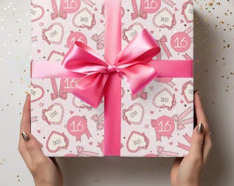 16th Birthday Wrapping Paper Sweet Sixteen Gift Wrap for Daughter Pink Coquette Paper Granddaughter Nice Bday Present