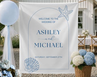 Beach Wedding Tapestry Backdrop Coastal Wedding Decor Personalized Nautical Wedding Sign Custom Names Seashell Ceremony Backdrop