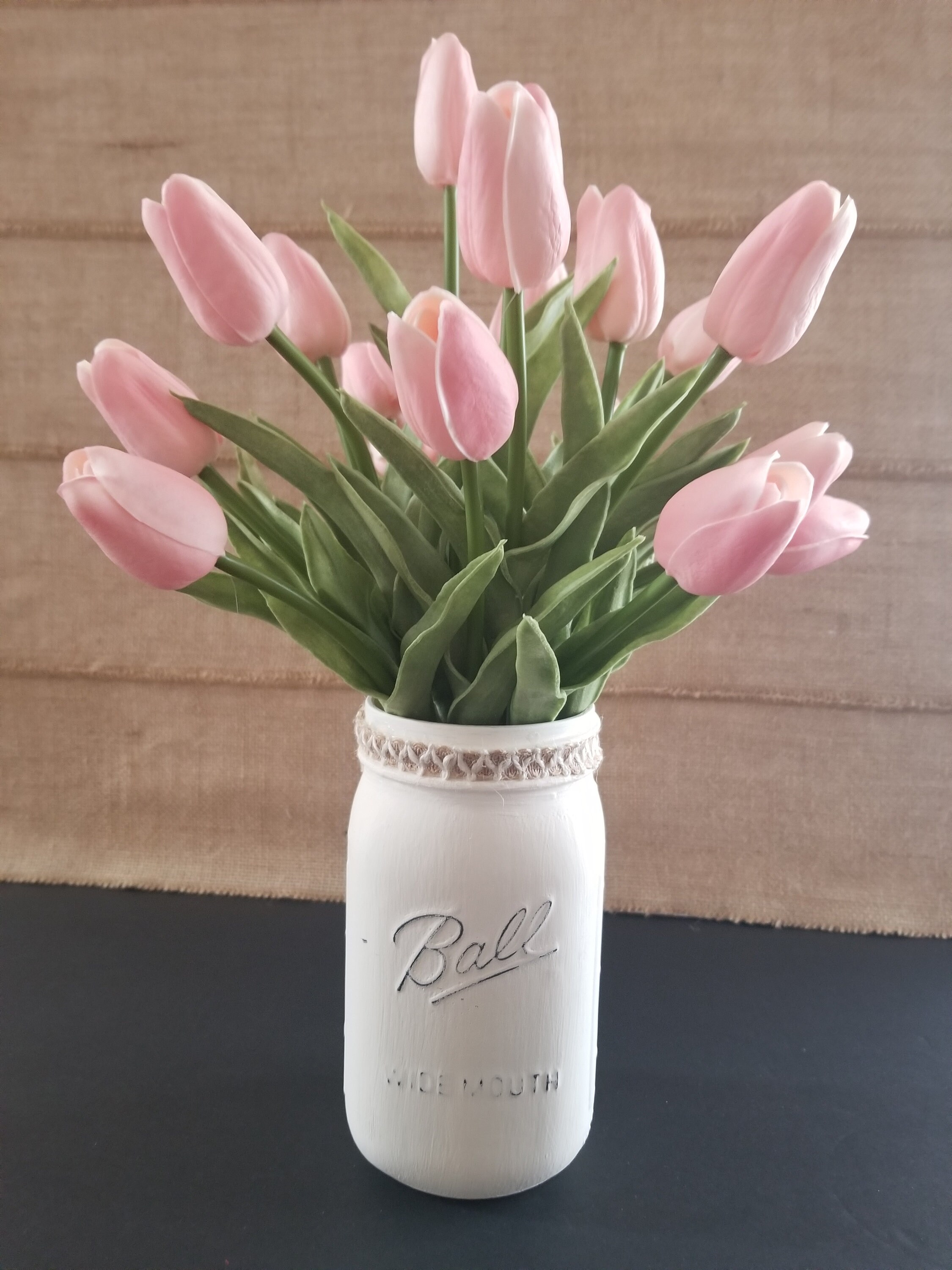 Distressed Ball Mason Jar Real Touch Pink Tulips Arrangement Vintage
