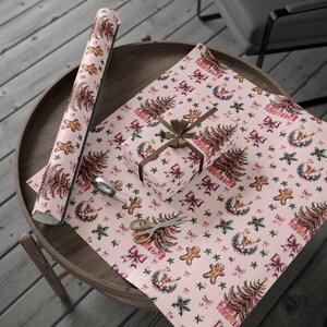 Pink Christmas Gift Wrapping Paper Xmas Gingerbread Gift Wrap Reindeer Gift Wrap Paper for Christmas Presents Wrapping Girly Present Wrap