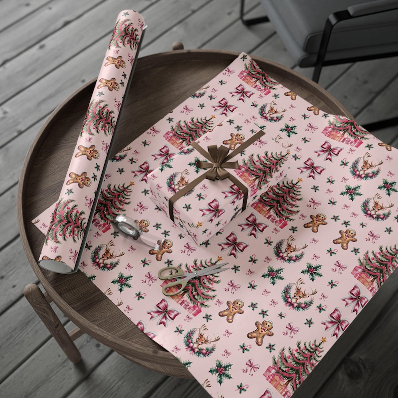 Pink Christmas Gift Wrapping Paper Xmas Gingerbread Gift Wrap Reindeer Gift Wrap Paper for Christmas Presents Wrapping Girly Present Wrap
