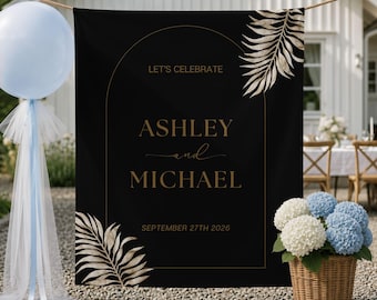 Personalized Black Gold Wedding Backdrop Luxury Arch Tapestry Custom Name Wedding Decor Elegant Ceremony Wall Hanging