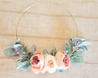 Peach Peony and Lambs Ear Wreath, Nursery Decor 14" Wreath, Gold Hoop Wreath, Farmhouse Spring Decor, Spring Home Décor, Hoop Wreath