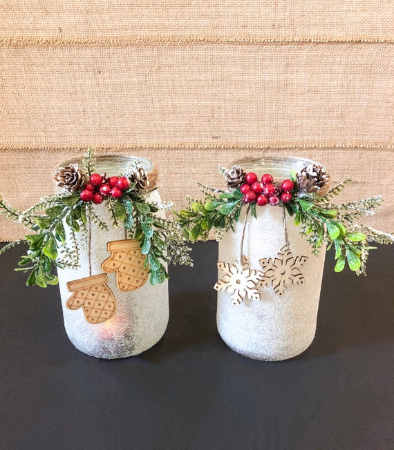 Frosted Winter Mason Jars Candleholders or Vases set of 2 Christmas Décor  Frosted Mason Jars Unique Christmas Wedding Décor Gift. 