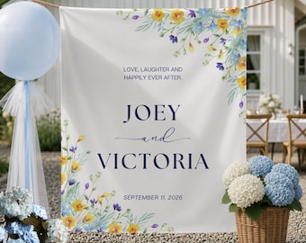 Personalized Whimsical Wedding Backdrop Tapestry Watercolor Floral Wedding Decor Custom Names and Date Romantic Ceremony Wall Hanging