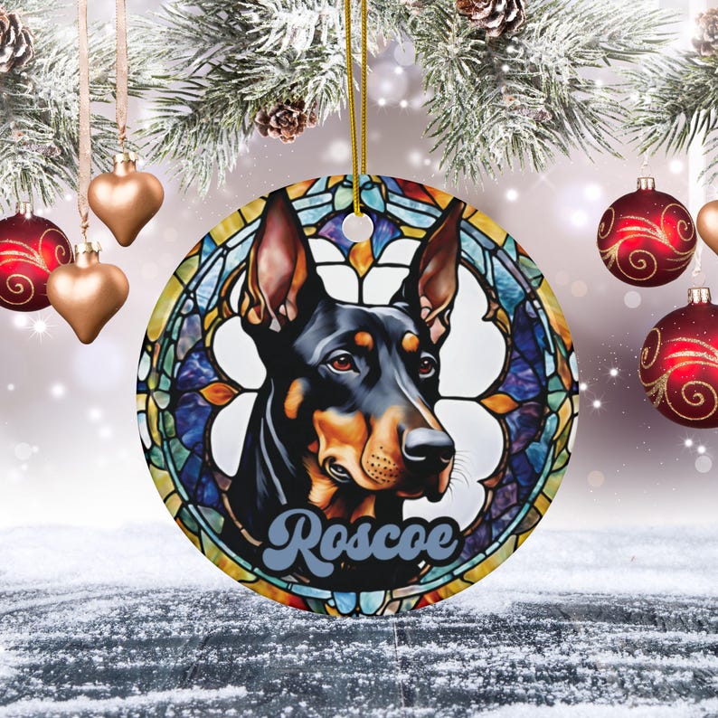 Personalized Doberman Stained Glass Ceramic Ornament Custom Dog Parent
