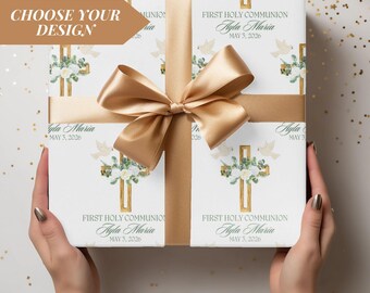 Custom First Communion Wrapping Paper Personalized Holly Gift Wrap with Name Date Godchild Present