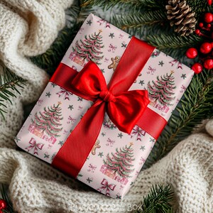 Pink Christmas Gift Wrapping Paper Xmas Gingerbread Gift Wrap Reindeer Gift Wrap Paper.