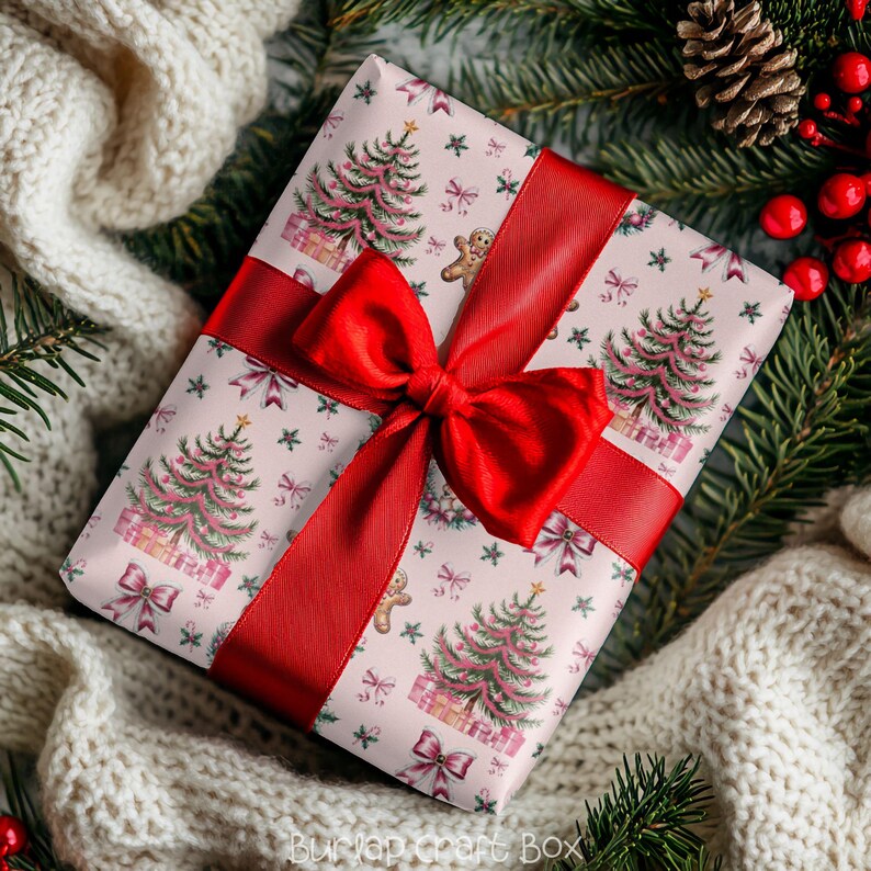 Pink Christmas Gift Wrapping Paper Xmas Gingerbread Gift Wrap Reindeer Gift Wrap Paper.