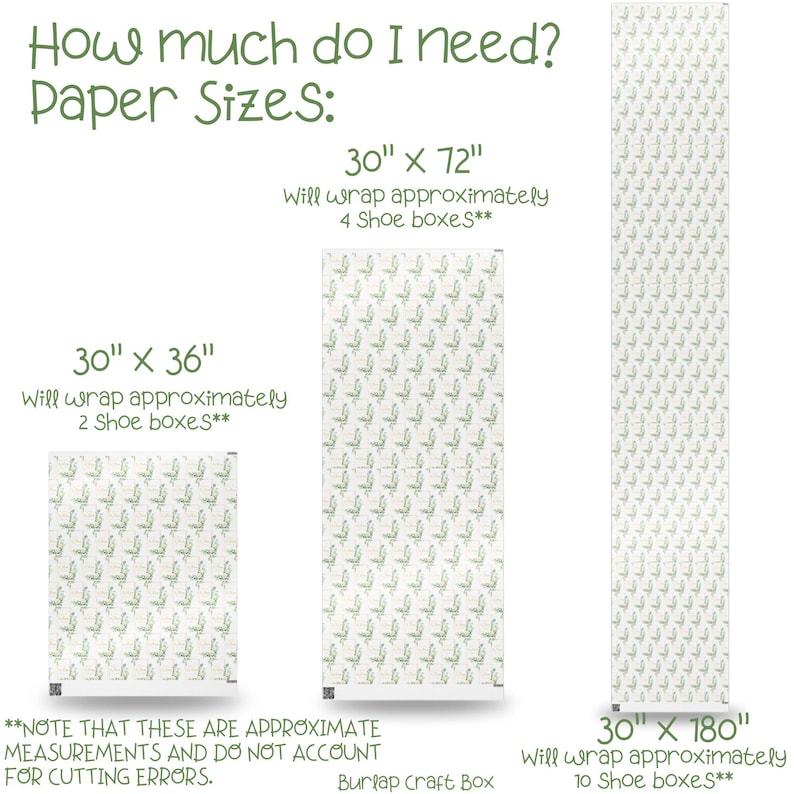 May include: Image showing three rectangular sheets of burlap craft box paper with different dimensions. The text on the image reads: "How much do I need? Paper Sizes: 30" x 72", 30" x 36", and 30" x 180". The paper has a repeating pattern.