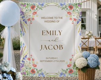 Personalized Wildflower Wedding Welcome Tapestry Custom Name and Date Backdrop Garden Wedding Decor Floral Arch Ceremony Wall Hanging