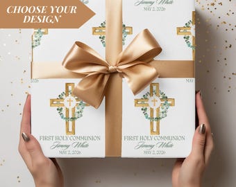 Custom First Communion Wrapping Paper Personalized Holly Gift Wrap with Name Date Godchild Present