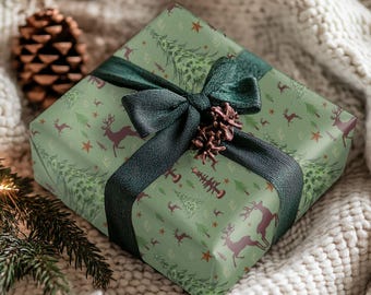 Rustic Christmas Gift Wrapping Paper Woodland Xmas Gift Wrap Reindeer Trees Forest Gift Wrap Paper for Hunter Presents Wrapping Country