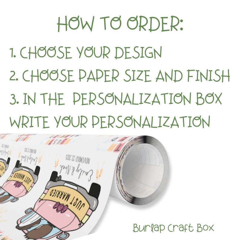 May include: A roll of decorative paper with a wedding theme, featuring a pink car with the words "Just Married." The text "How to Order" is at the top, followed by instructions. The Burlap Craft Box logo is at the bottom.
