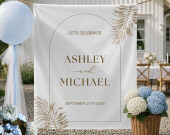 Personalized Black Gold Wedding Backdrop Luxury Arch Tapestry Custom Name Wedding Decor Elegant Ceremony Wall Hanging