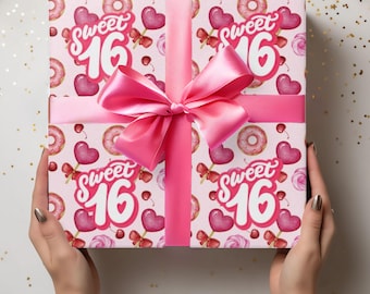 16th Birthday Wrapping Paper Sweet Sixteen Gift Wrap for Daughter Doughnut Paper Granddaughter Nice Bday Present