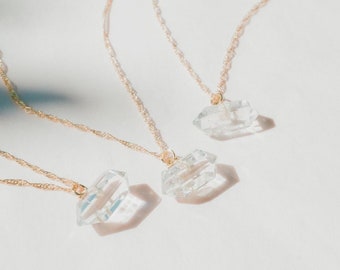 Tiny Clear Quartz Necklace, Small Crystal Charm Pendant Necklace, Fine Gold Necklace, Crystal Jewelry, Small Stone Pendant