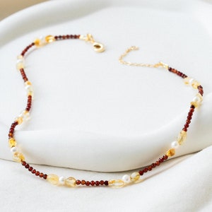 Garnet, Citrine & Pearl Beaded Choker, Boho Gemstone Necklace
