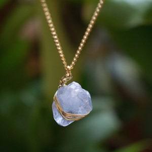 Raw Celestine Necklace, Crystal Pendant Necklace, Delicate Thin Chain Gold Plated Jewelry, Blue Celestite Pendant