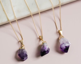 Raw Amethyst Necklace, Gold Crystal Necklace, Raw Stone Necklace, Minimalist Boho Necklace, Amethyst Jewelry, Purple Gemstone Pendant