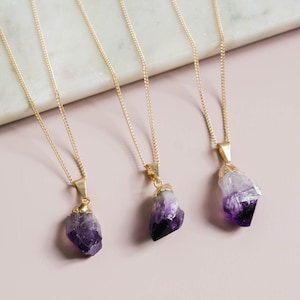 Raw Amethyst Necklace, Gold Crystal Necklace, Raw Stone Necklace, Minimalist Boho Necklace, Amethyst Jewelry, Purple Gemstone Pendant image 1