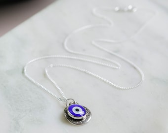 Silver Evil Eye Necklace Charm Pendant, Dainty Chain Necklace, Boho Chic Jewelry, Greek Eye Necklace Gift for Her