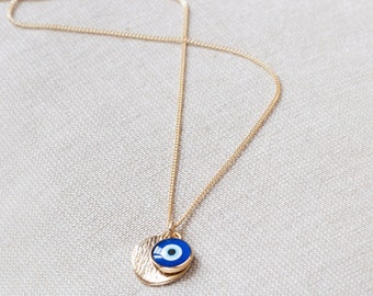 Gold Evil Eye Necklace Charm Pendant, Gold Plated Chain Necklace, Dainty Boho Chic Jewelry, Greek Eye Necklace Gift for Her