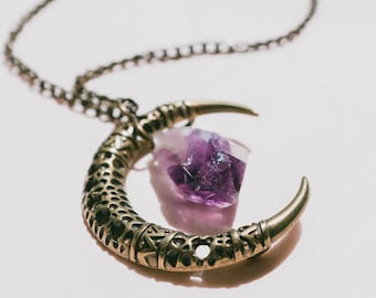 Half Moon Amethyst Necklace, Raw Stone Pendant, Bohemian Necklace for Her, Raw Amethyst Jewelry Gemstone