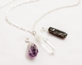 Trio Crystal Necklace, Tourmaline, Clear Quartz, Amethyst Necklace Silver Chain, Healing Crystal Jewelry Unisex Necklace Gift Idea