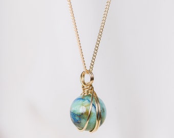 Collier pendentif Chrysocolle, Collier Or Sphère de Pierre pour elle, bijoux en cristal de guérison chakra, Collier Chrysocolle