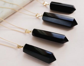 Black Obsidian Pendant Necklace Gold Plated Chain, Black Crystal Necklace, Boho Chic Minimalist Jewelry Healing Stone Point