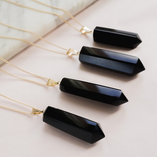 Collier Obsidienne Noire, Chaîne Plaquée Or, Pendentif Pierre Noire, Bijou Minimaliste Boho Chic Cristal Noir