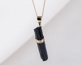 Black Tourmaline Necklace, Raw Stone Pendant Gold Chain, Black Crystal Jewelry, Minimalist Necklace for Women