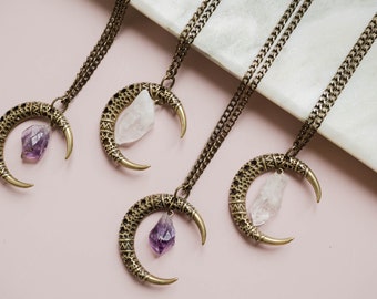 Half Moon Necklace with Stone, Witchy Pendant Necklace, Amethyst or Quartz Women Gemstone Necklace