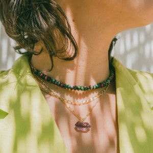 Tiny Aventurine Necklace, Small Crystal Charm Pendant Necklace, Fine Gold Necklace, Crystal Jewelry, Small Stone Pendant image 2