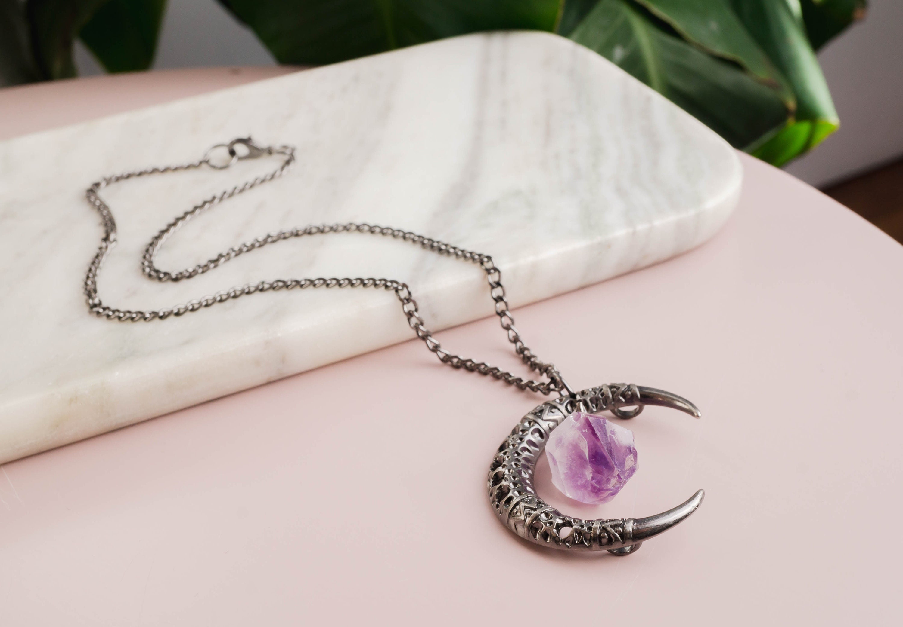 Silver Amethyst Moon Crystal Necklace