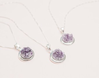 Amethys Necklace, Sterling Silver Chain Crystal Necklace, Small Amethyst Cluster Pendant, Delicate Boho Necklace for Her